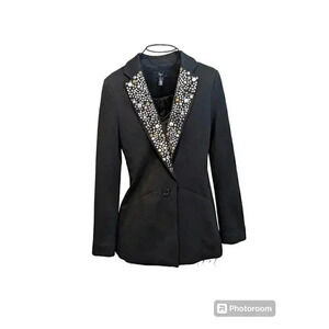 AQUA Black Blazer With Studs And Rhinestone Lapels.